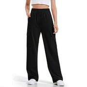 Girls Sweatpants with Pockets- Drawstring Casual Baggy Wide Leg Cargo Pants Black Size 10 Years